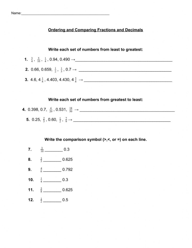 Compare And Order Fractions And Decimals Worksheet