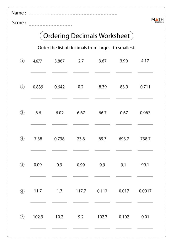 Comparing And Ordering Decimals Worksheets Math Monks