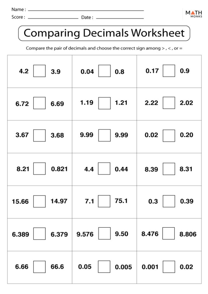 Comparing And Ordering Decimals Worksheets Math Monks