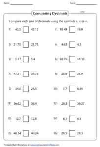 Comparing Decimals Standard Comparing Decimals Decimals Worksheets