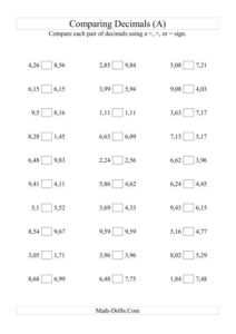 Comparing Decimals To Hundredths A