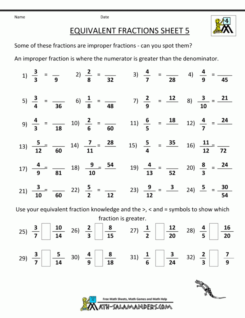 Comparing Fractions Worksheets Grade 5