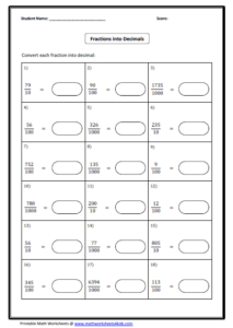 Convert Between Fraction Decimal And Percent Worksheets