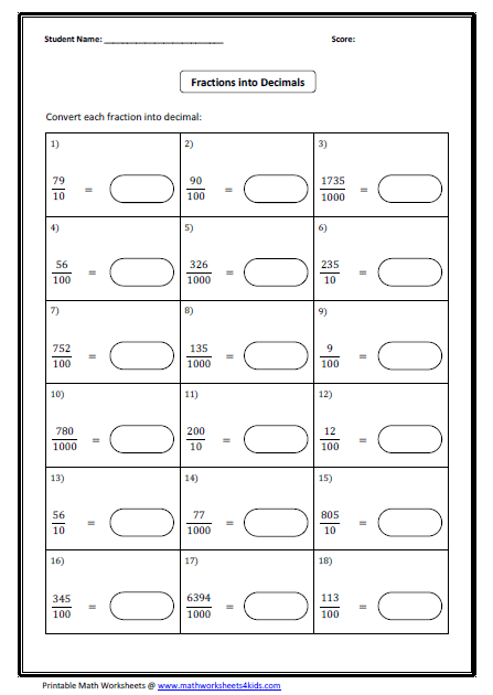 Convert Between Fraction Decimal And Percent Worksheets