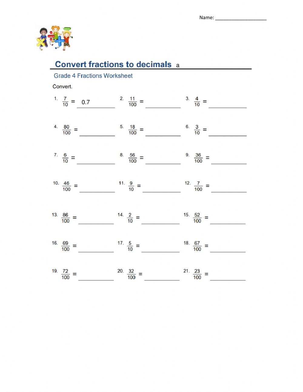 Easy Converting Fractions To Decimals Worksheet