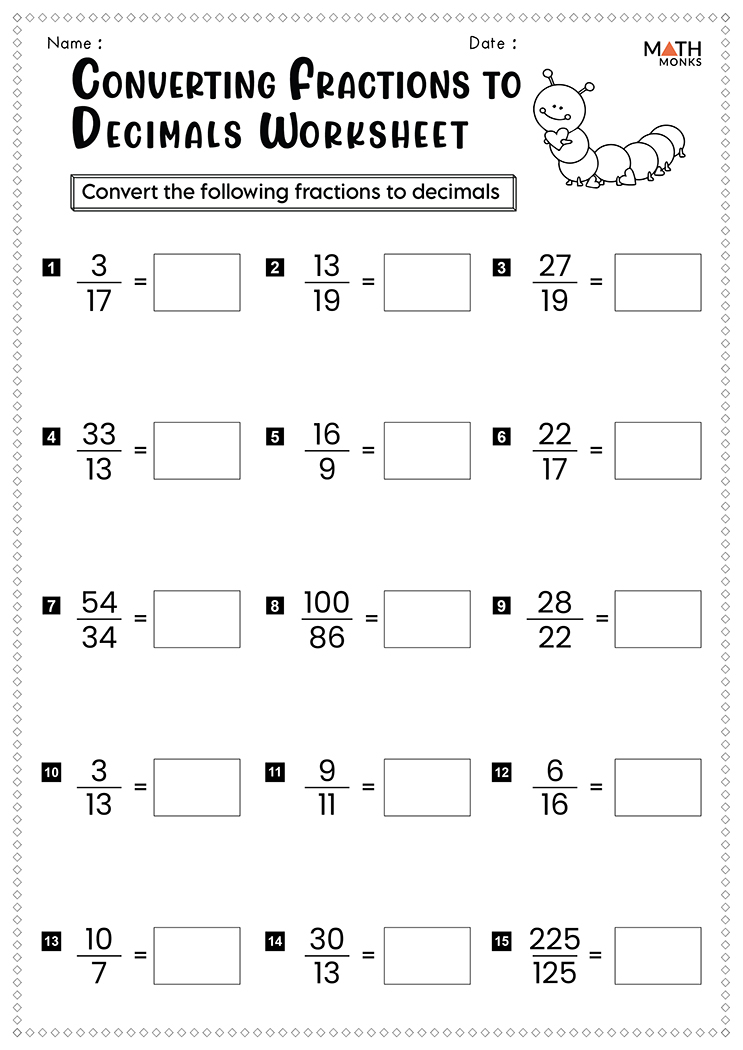 Converting Fractions To From Decimals Worksheets Math Monks