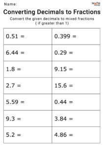 Converting Fractions To From Decimals Worksheets Math Monks