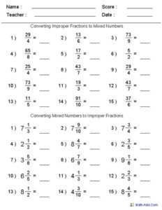 Converting Improper Fractions Mixed Numbers Worksheets Fractions