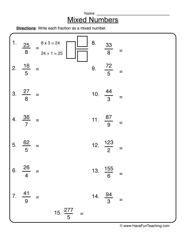 Converting Fractions Improper To Mixed Worksheet