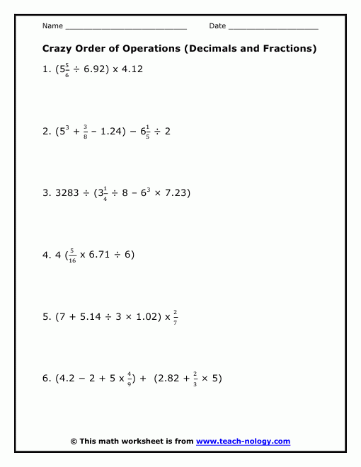 Order Of Operations With Decimals And Fractions Worksheet