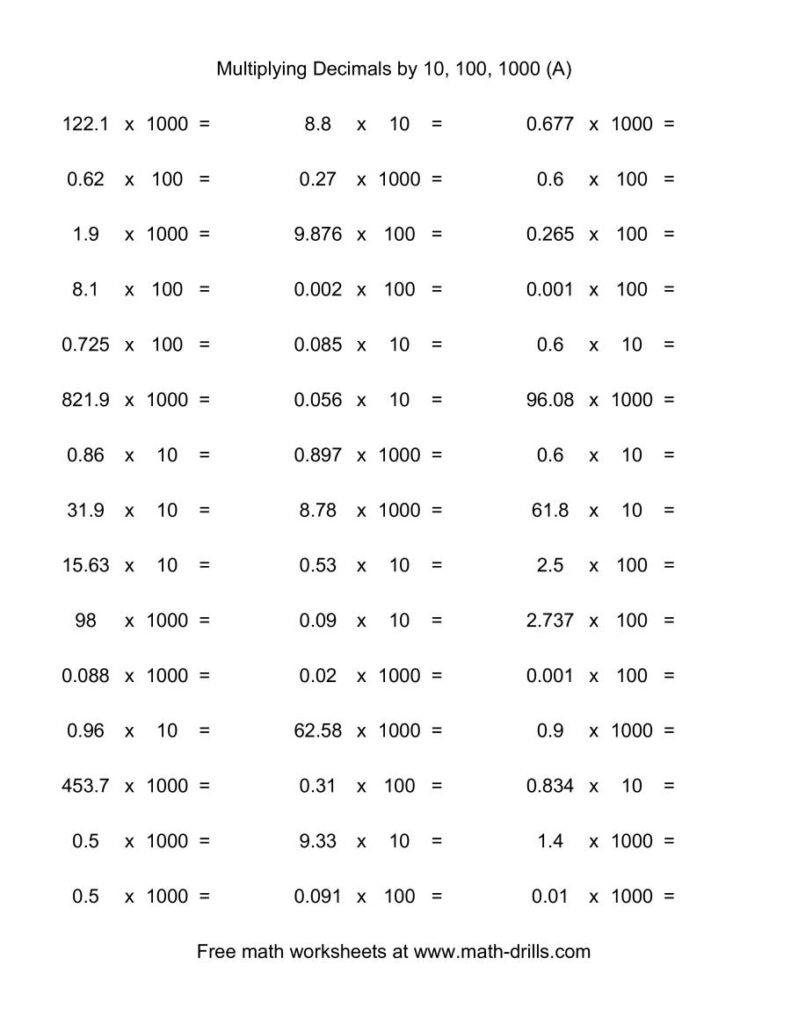 Decimal 10 100 Or 1000 horizontal 45 Per Page A 