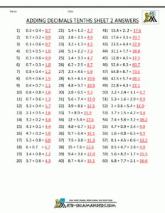 Decimal Math Worksheets Addition