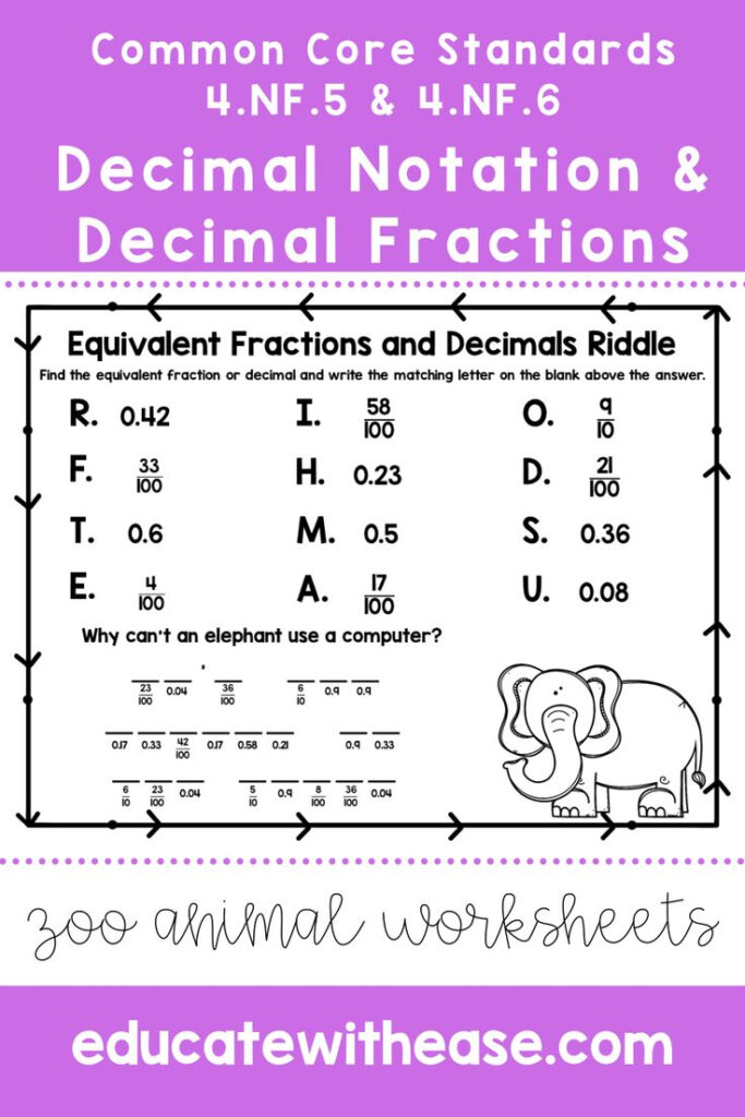 Decimal Notation Decimal Fractions 4 NF 5 4 NF 6 Riddle Worksheets 