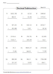 Decimal Subtraction Mixed Decimals Worksheets Subtraction