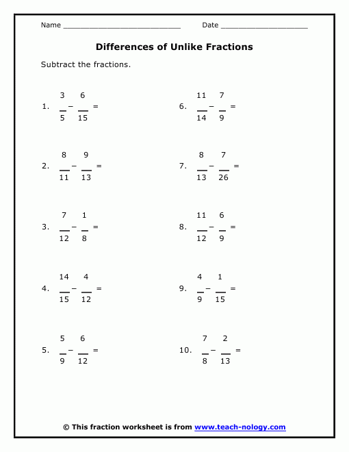 Differences Of Unlike Fractions