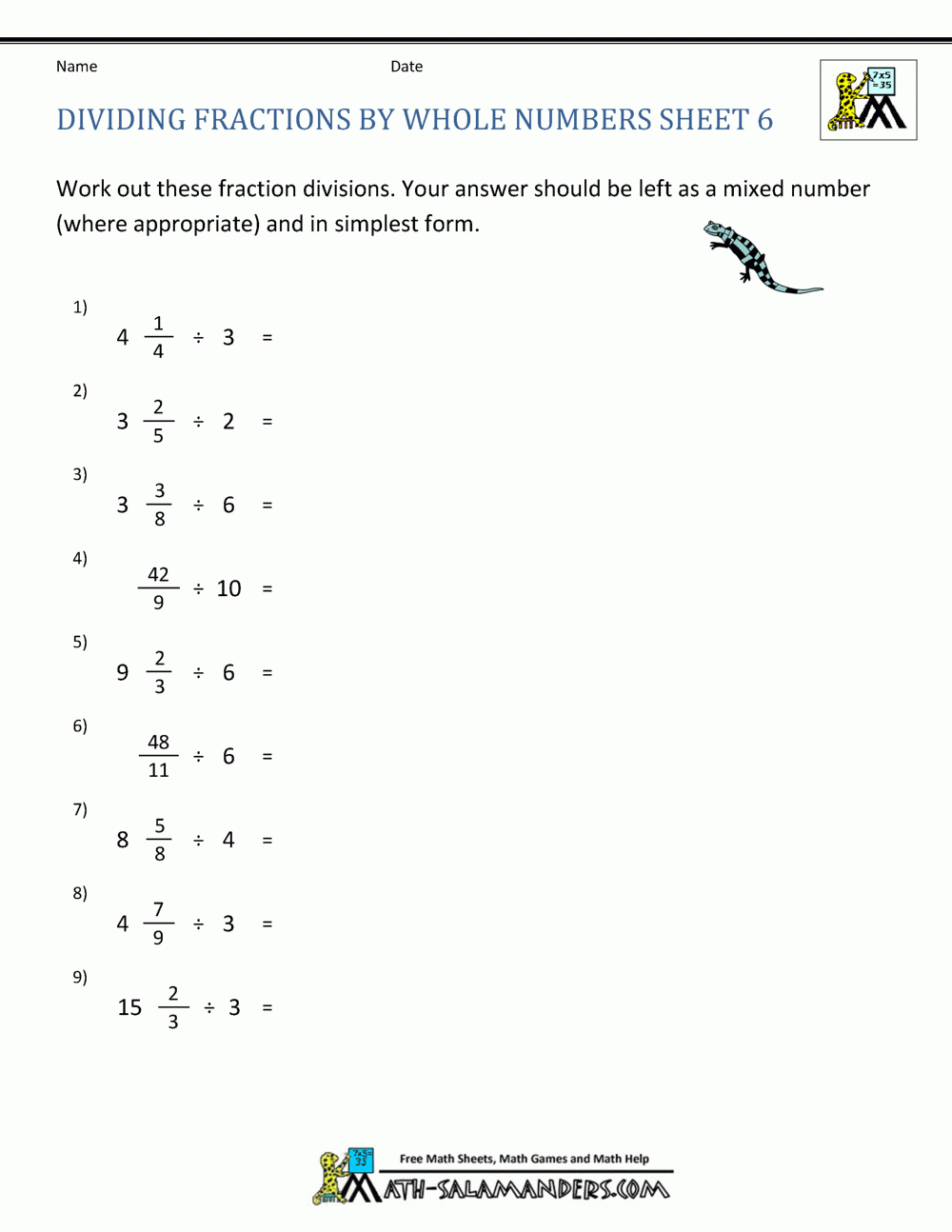 Dividing Fractions By Whole Numbers Worksheet Grade 6