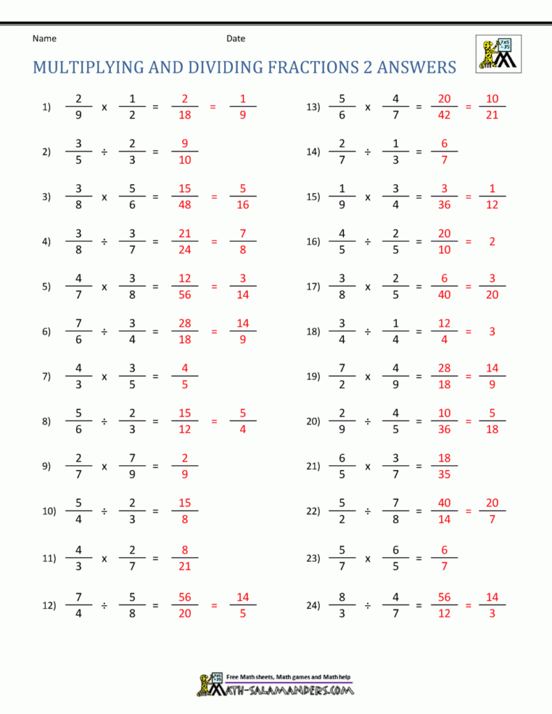 Dividing Fractions Worksheet