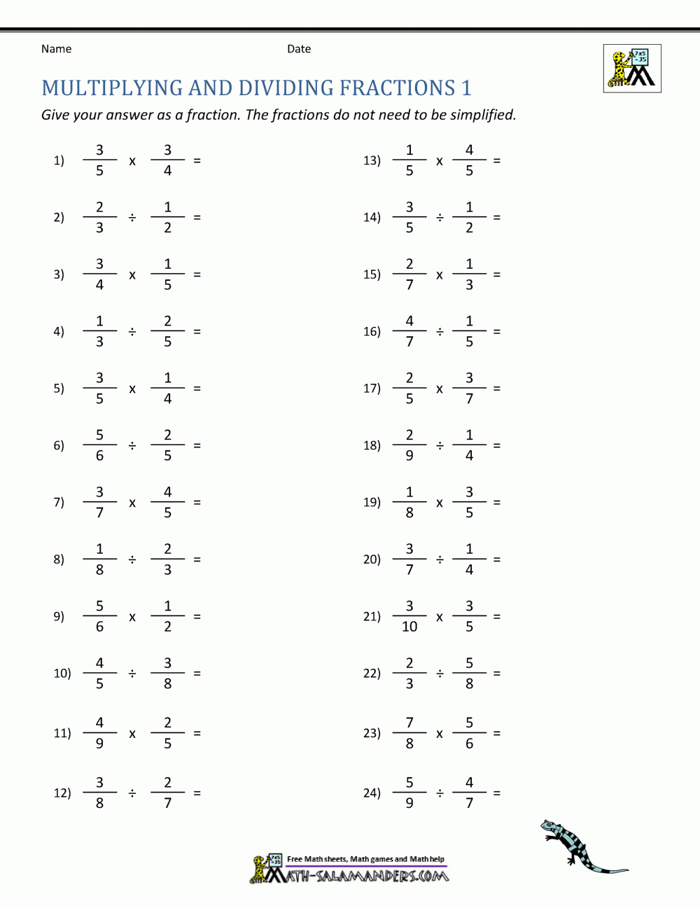 Adding Multiplying And Dividing Fractions Worksheet