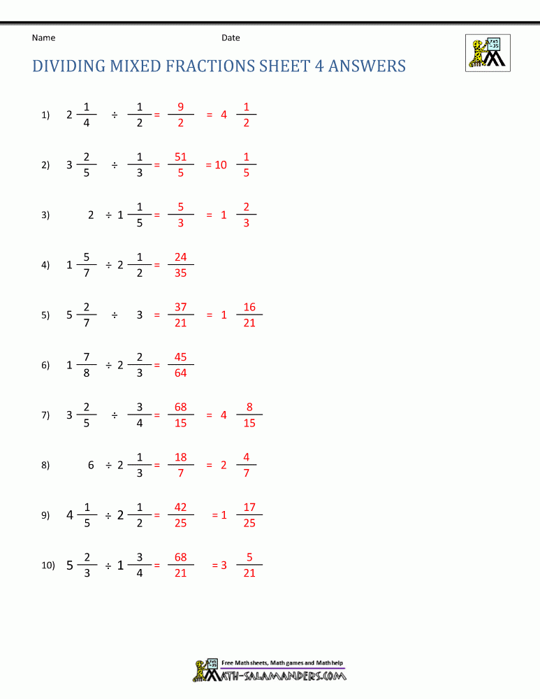 Dividing Mixed Fractions Worksheet