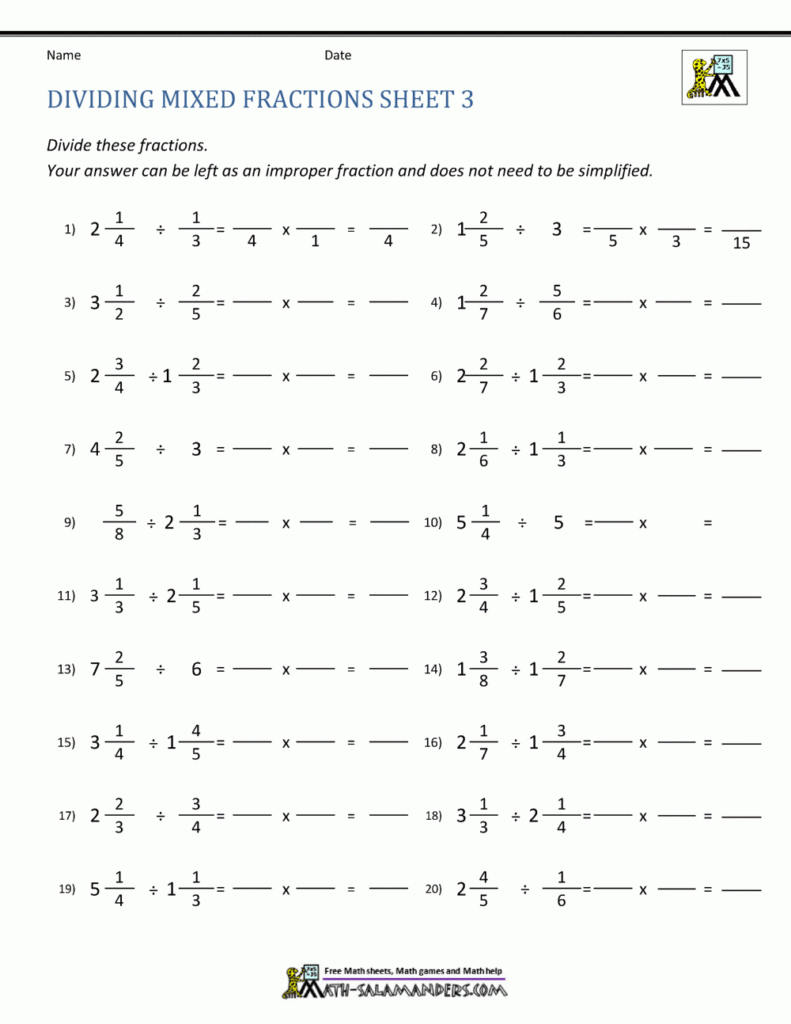 Dividing Mixed Fractions Worksheet