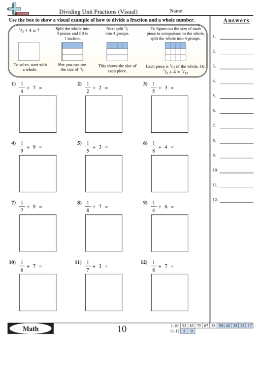 Dividing Unit Fractions Visual Worksheet With Answer Key Printable 