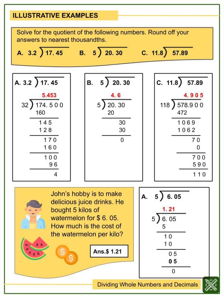 Dividing Whole Numbers And Decimals Tenths To Thousandths 5th Grade 