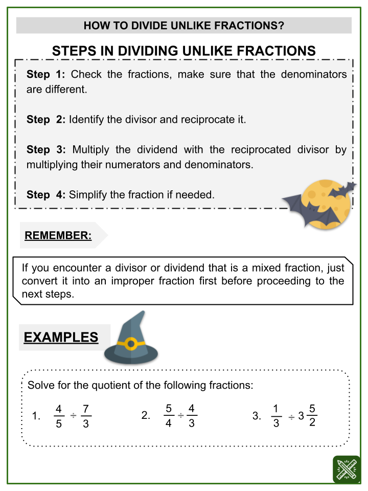 Division Of Unlike Fractions Themed Worksheets Aged 8 10