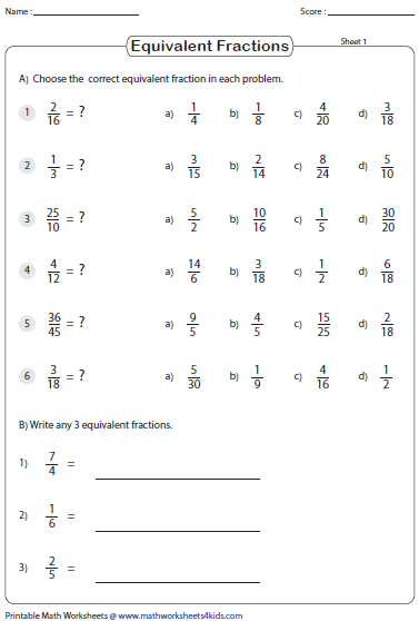 Equivalent Fraction Worksheets