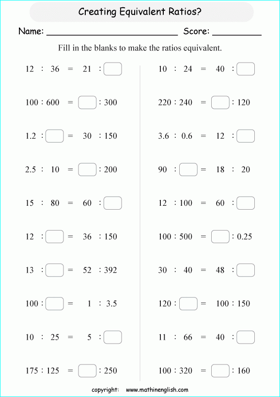 Equivalent Ratios Worksheets Grade 6