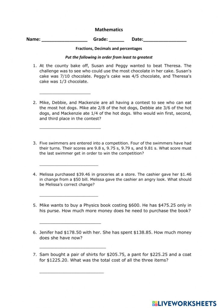 Fraction Decimal And Percentage Word Problems Worksheet