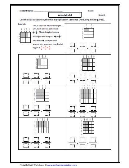 Fraction Multiplication Area Model Fractions Worksheets Multiplying 