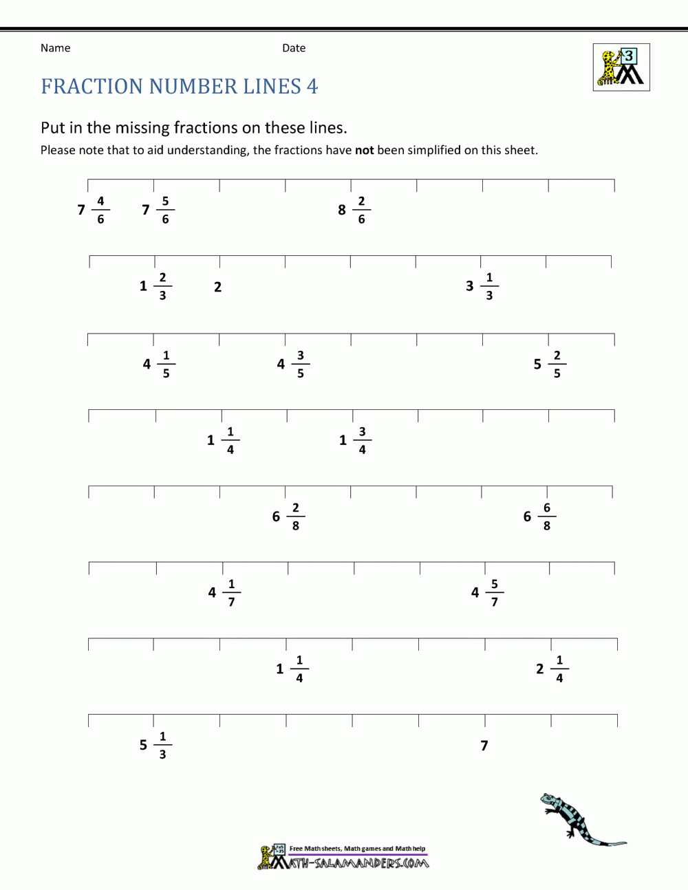 Fractions And Mixed Numbers On A Number Line Worksheet