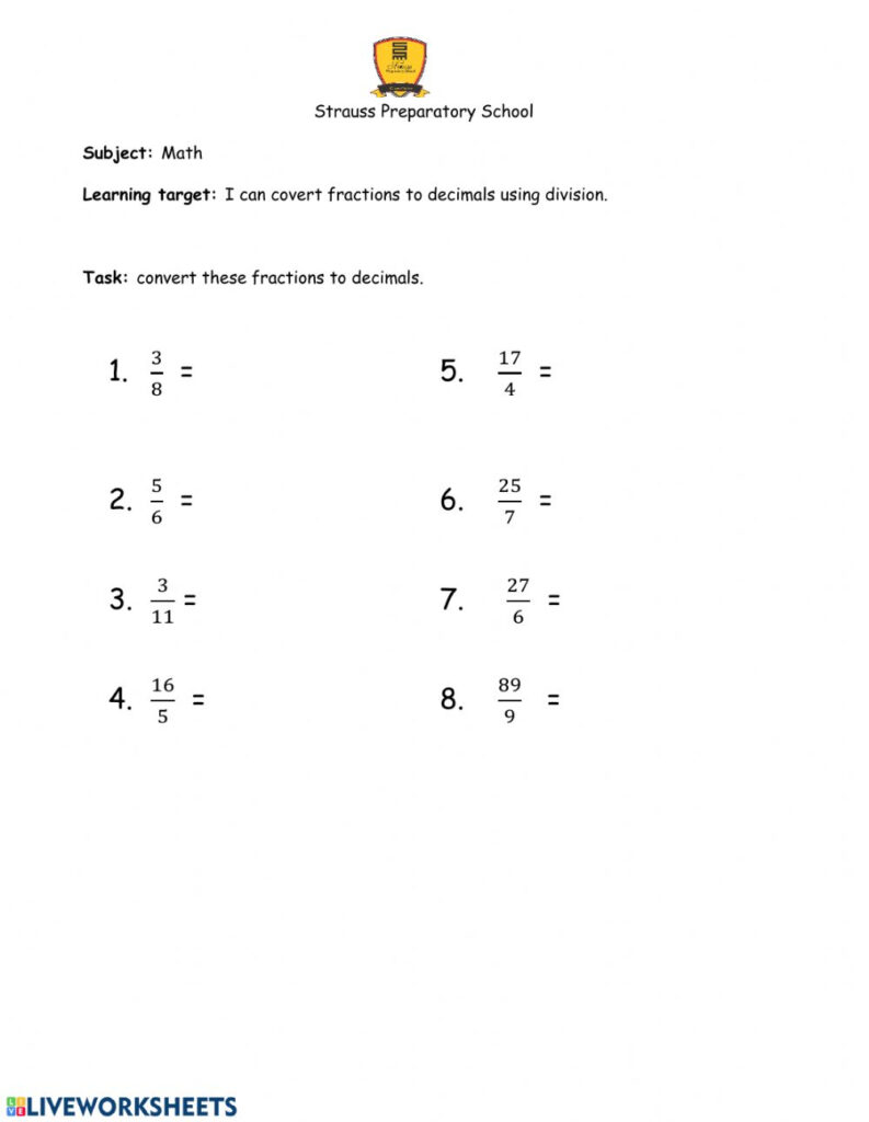 Fraction To Decimal Worksheet