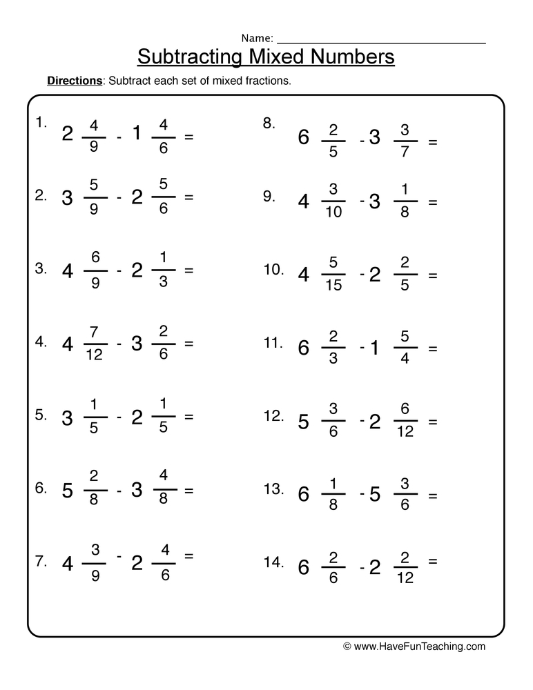 Subtracting Fractions And Mixed Numbers Worksheet