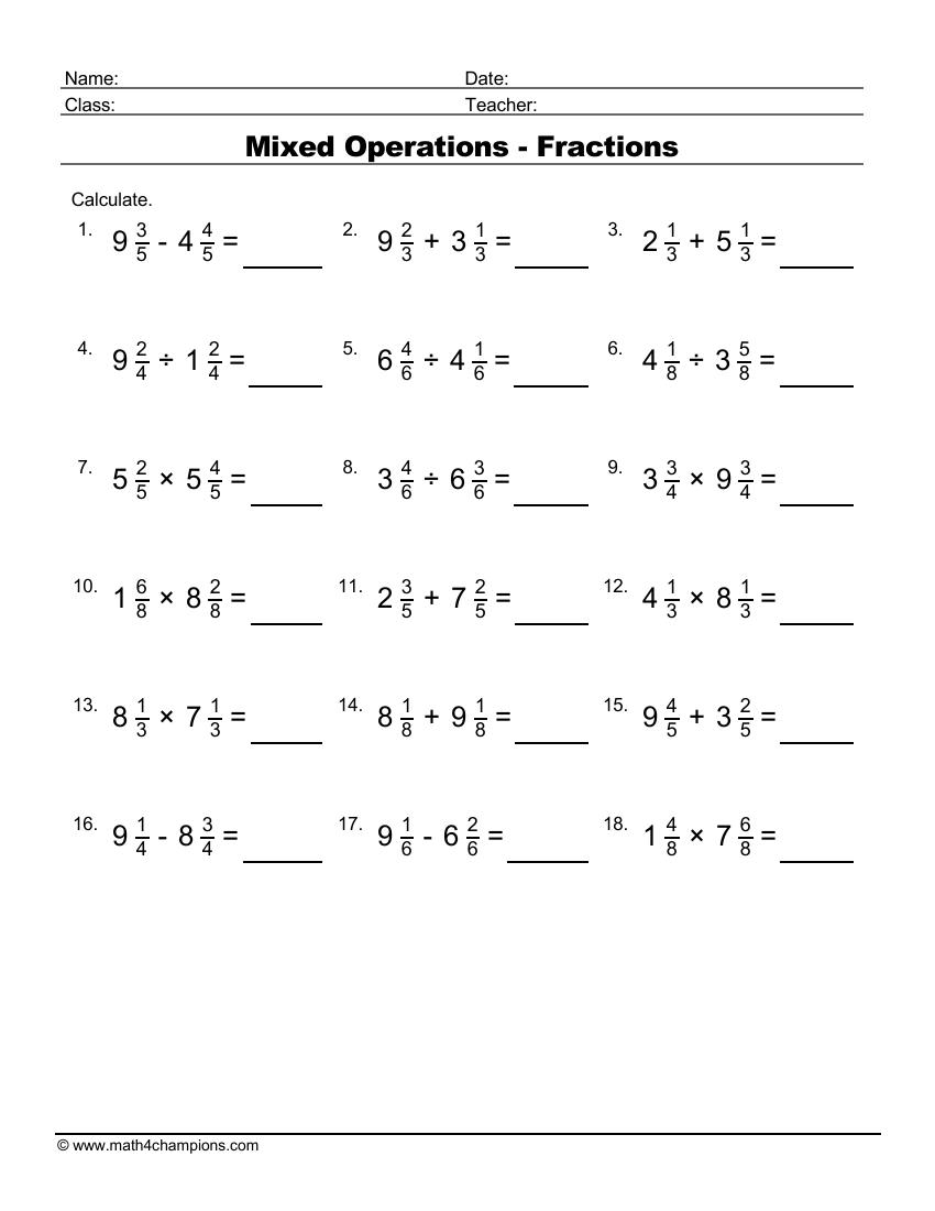 Fractions Mixed Operations Worksheet Pdf