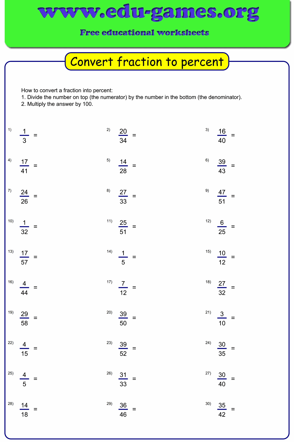 Convert Fraction Decimal Percent Worksheet