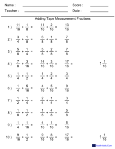 Fractions Adding Tape Measure Worksheet