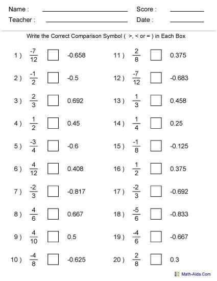 Compare Decimals And Fractions Worksheet