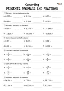 Fractions Decimals And Percents Worksheets Math Monks