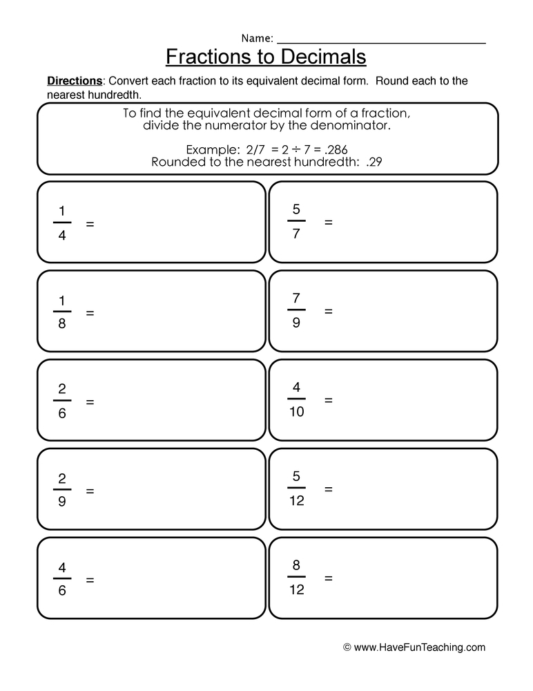 Fractions Into Decimals Worksheet Convert Decimals Fractions 2 