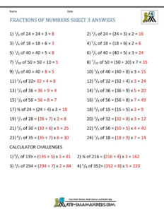 Fractions Of Numbers Sheet 3 Answers Math Addition Worksheets 4th