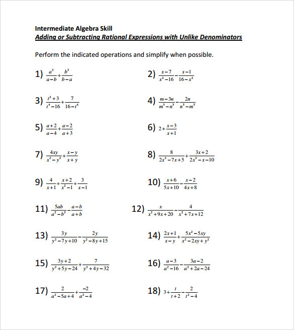 Add And Subtract Algebraic Fractions Worksheet