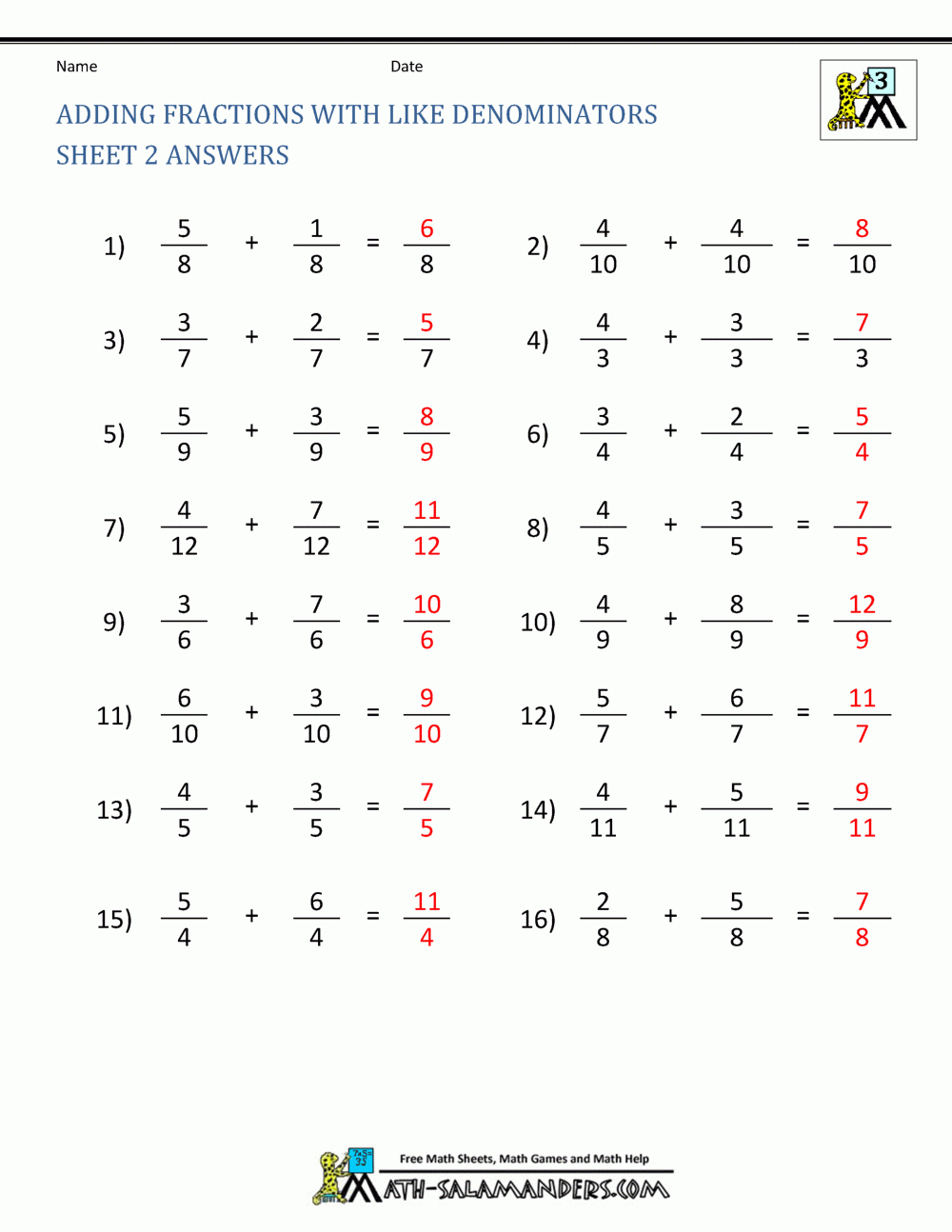 Adding Fractions With Unlike Denominators Worksheets With Answers