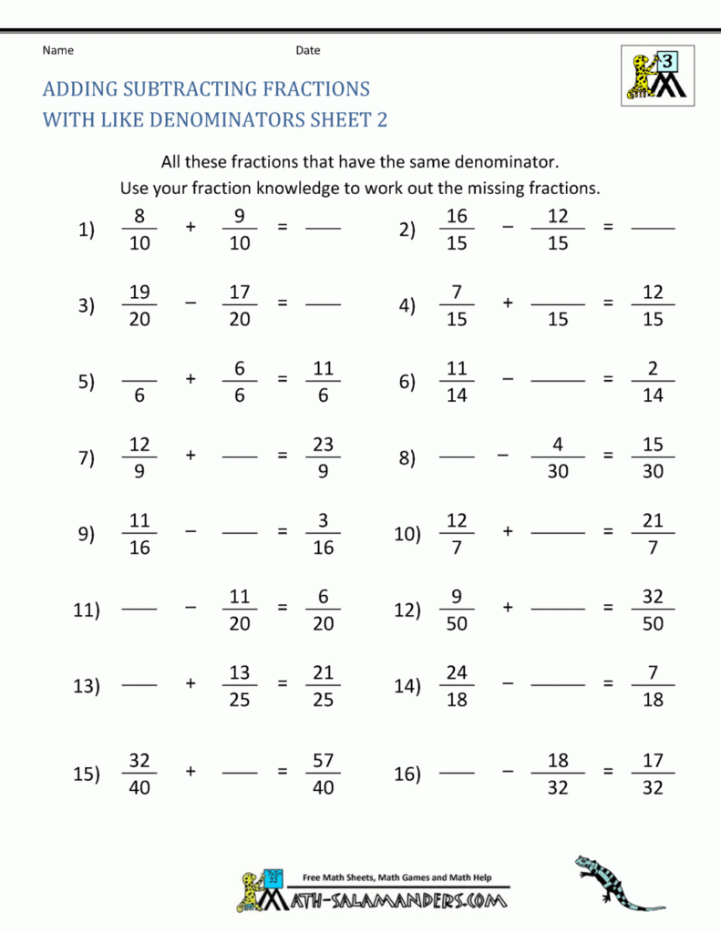 Free Fraction Worksheets Adding Subtracting Fractions