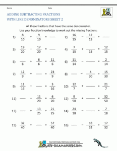 Free Fraction Worksheets Adding Subtracting Fractions