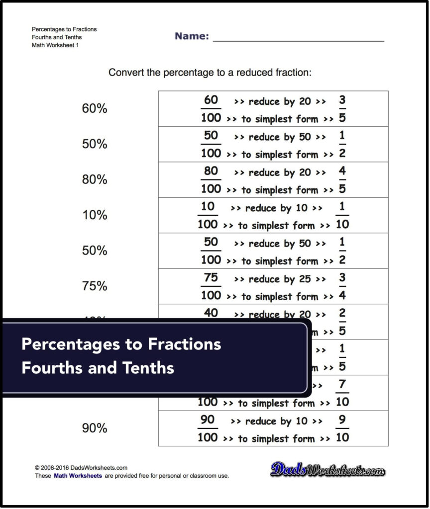 Free Printable Math Worksheets Fractions Decimals Percents Learning 