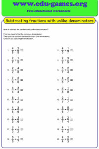 Free Subtracting Fractions With Unlike Denominators Worksheets Create