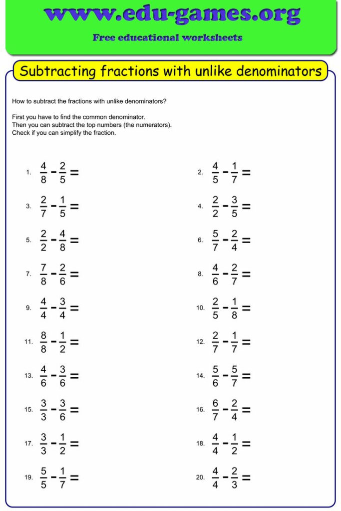 Free Subtracting Fractions With Unlike Denominators Worksheets Create 