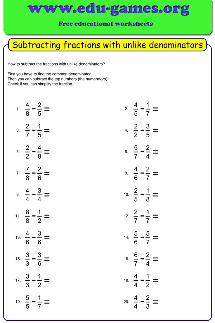 Subtracting Fractions Different Denominators Worksheets