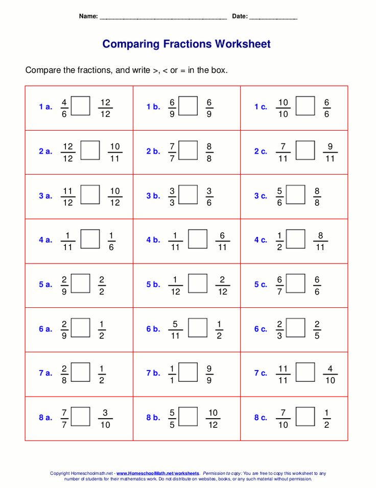 Free Worksheets For Comparing Or Ordering Fractions Fractions 